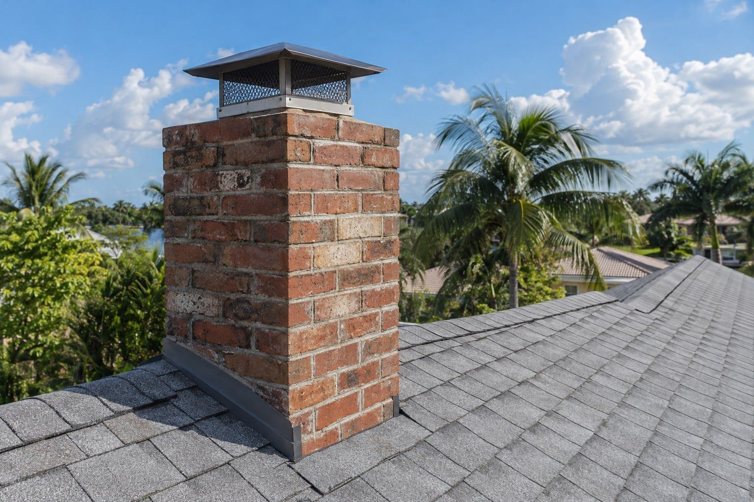 A brick chimney with a metal cap rising from a grey shingle roof, palm trees and cumulus clouds behind it