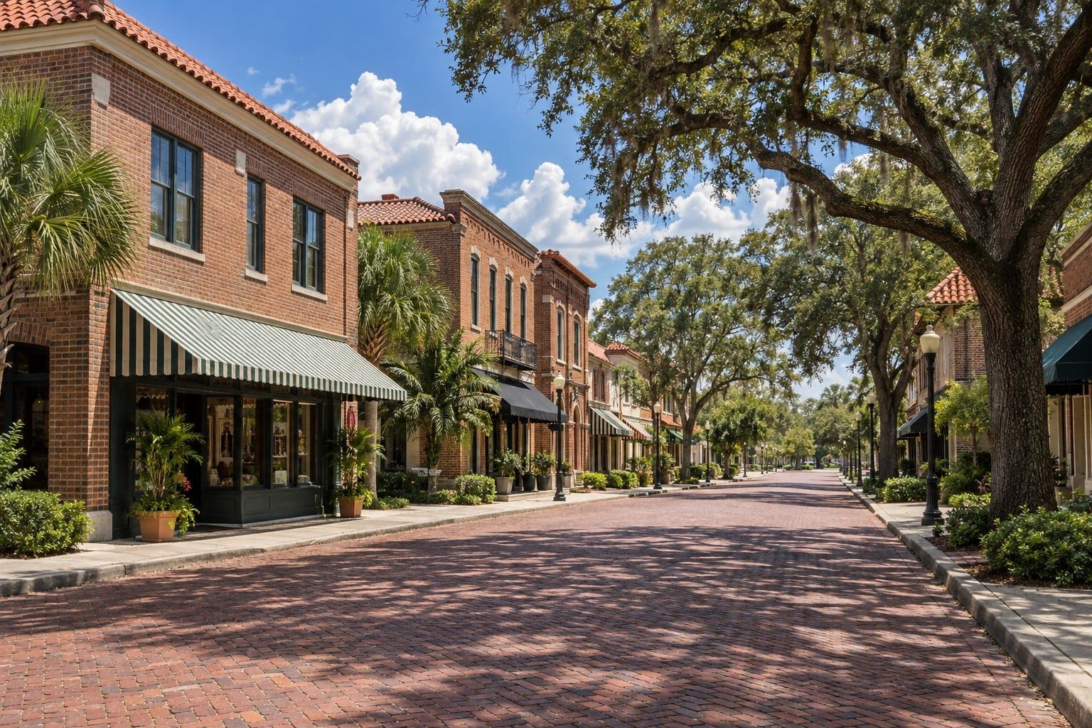 A brick-paved street lined with two-story brick shops with awnings and tile roofs, shade oaks overhead and cumulus clouds in a blue sky