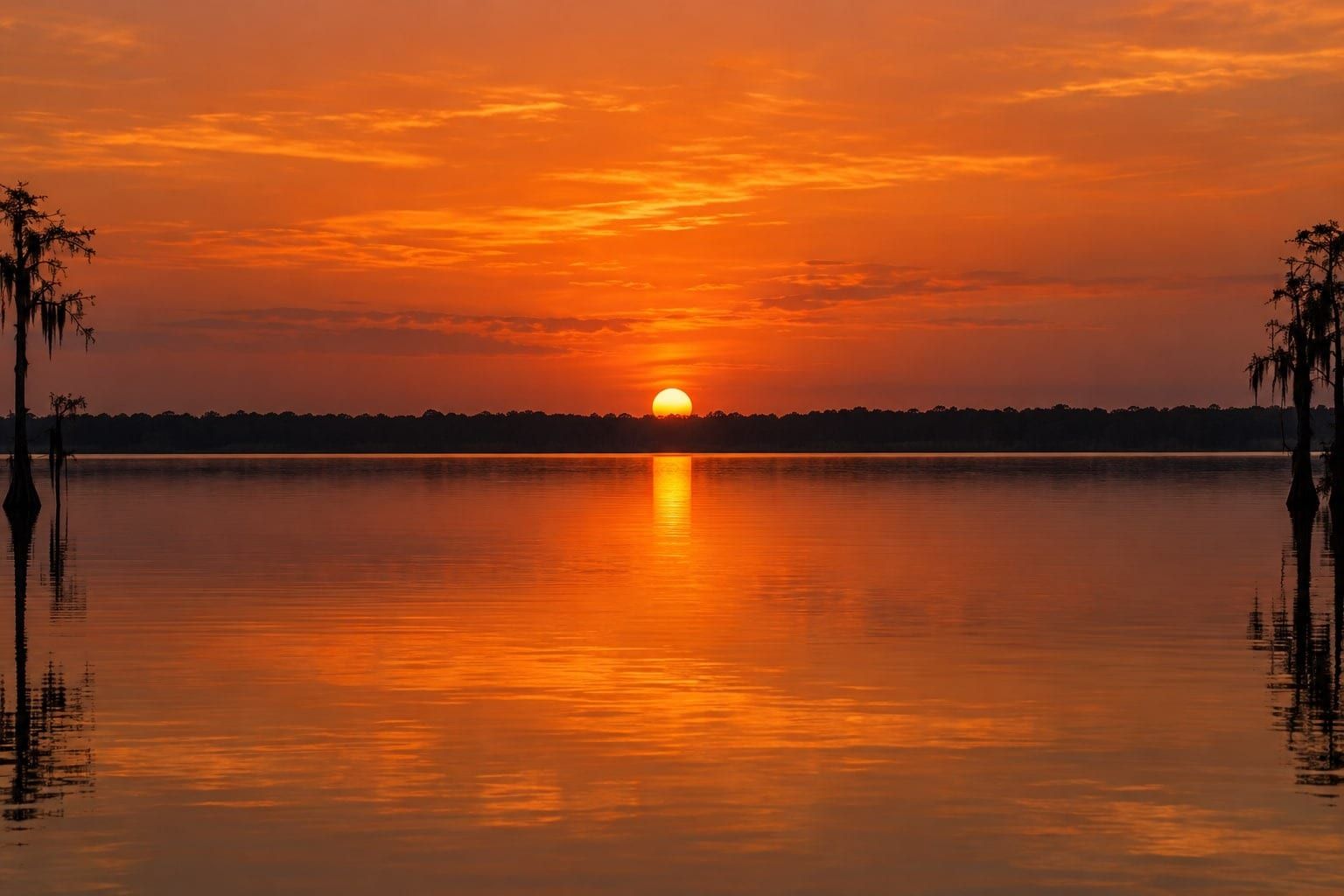 A calm lake at sunset under a deep orange sky, a low sun above a dark flat tree line, a slim cypress at each edge framing the water