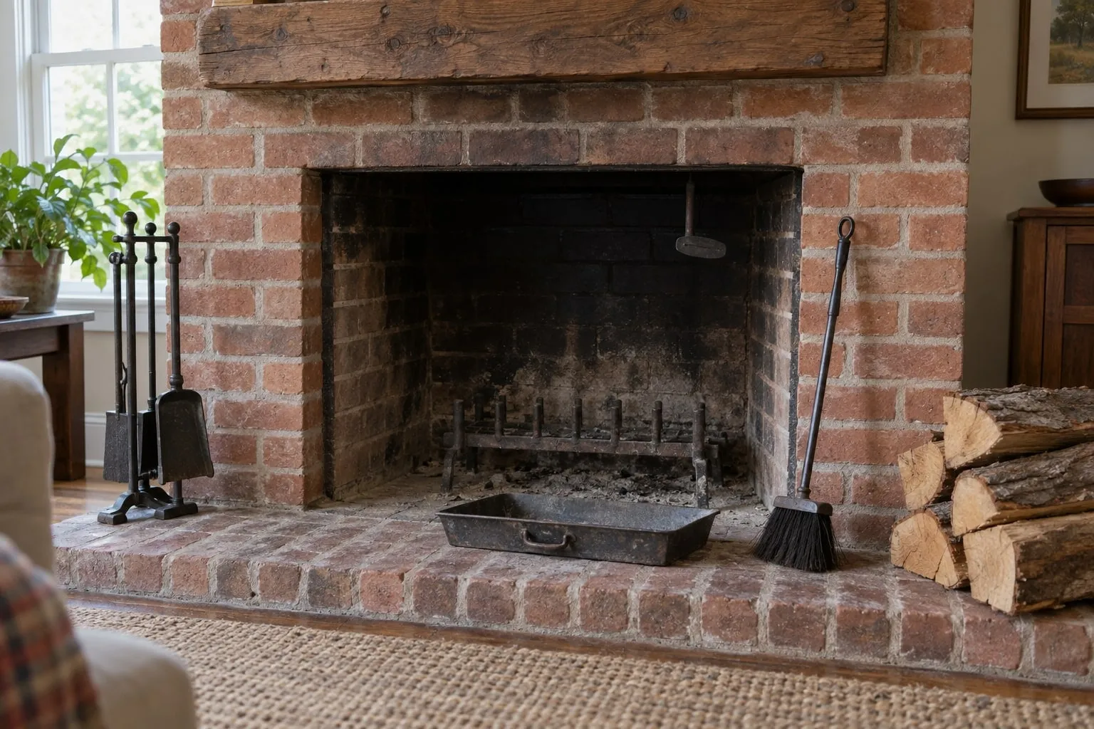 A swept brick fireplace with a metal ash pan and a long-handled brush on the hearth, and a stack of split logs beside it