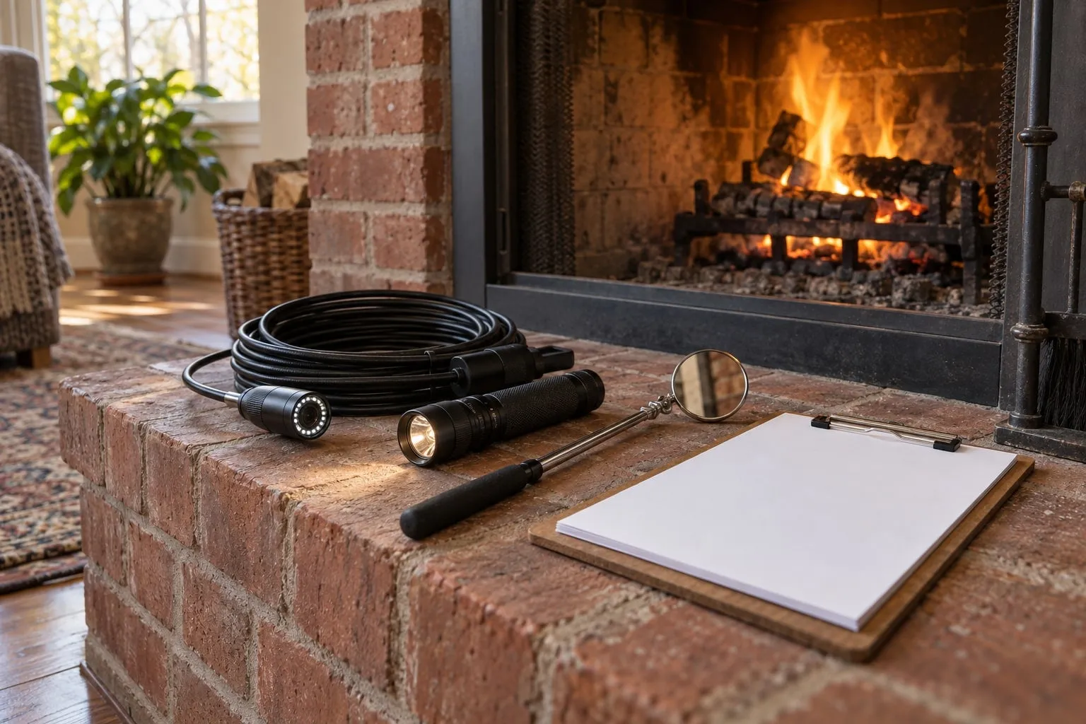 A small camera head on a coiled cable, a flashlight, an inspection mirror and a blank clipboard on a brick hearth in front of an open fireplace