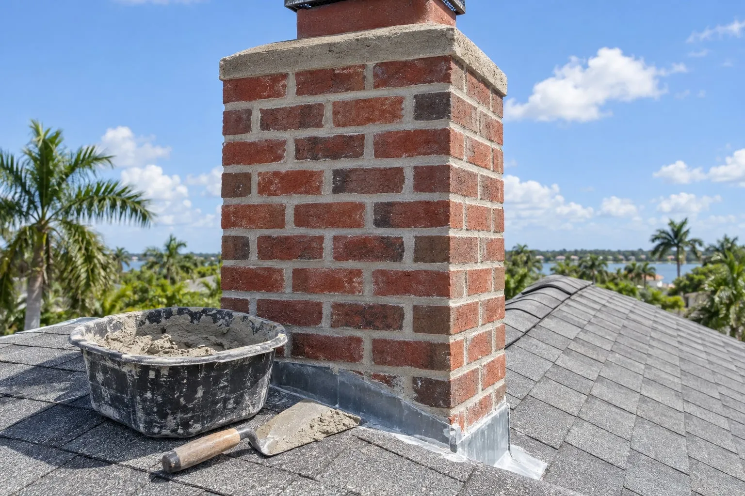 A bucket of mortar and a trowel on a grey shingle roof beside a red brick chimney with freshly repointed joints, under a blue sky with palms below