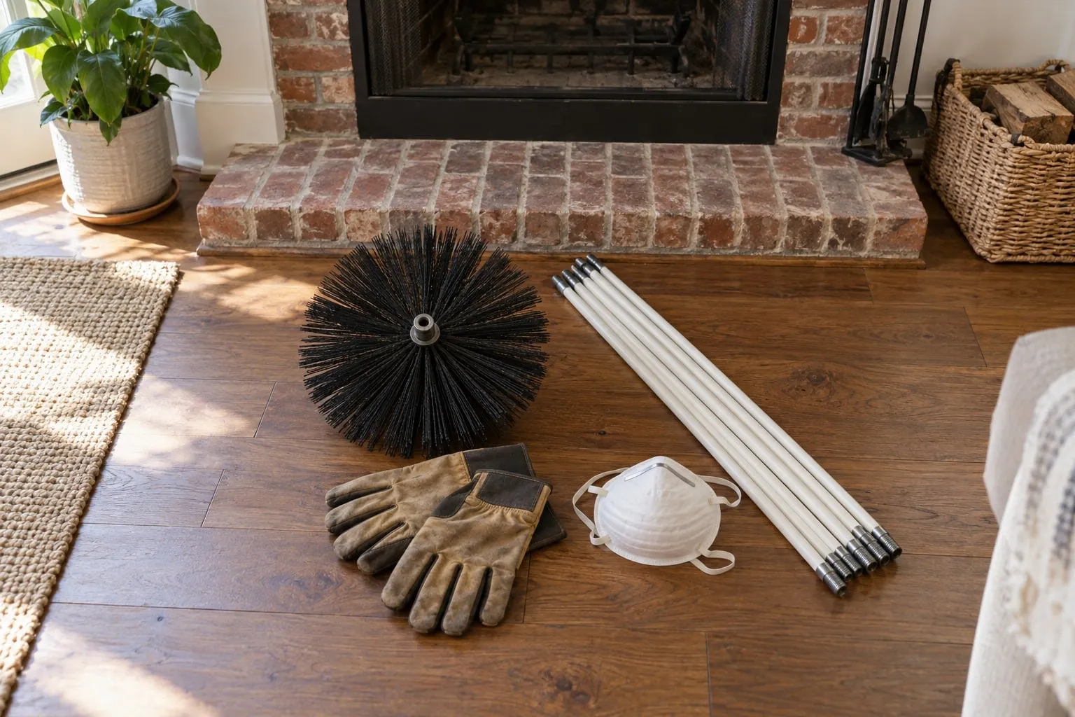 A round black chimney brush, a bundle of white fibreglass rods, leather work gloves and a dust mask laid on a wooden floor beside a brick hearth